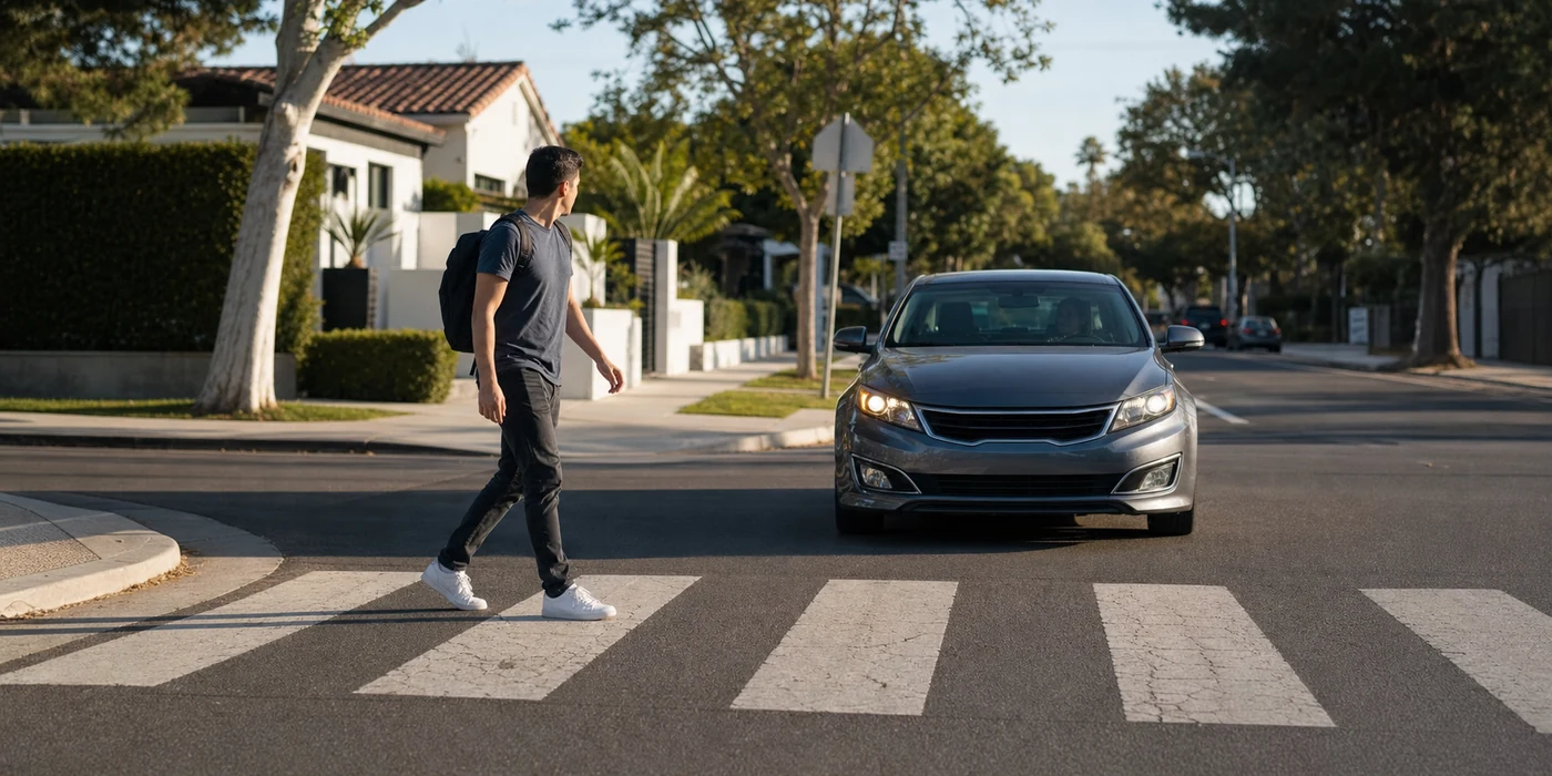 Pedestrian crossing as a vehicle stops at a crosswalk