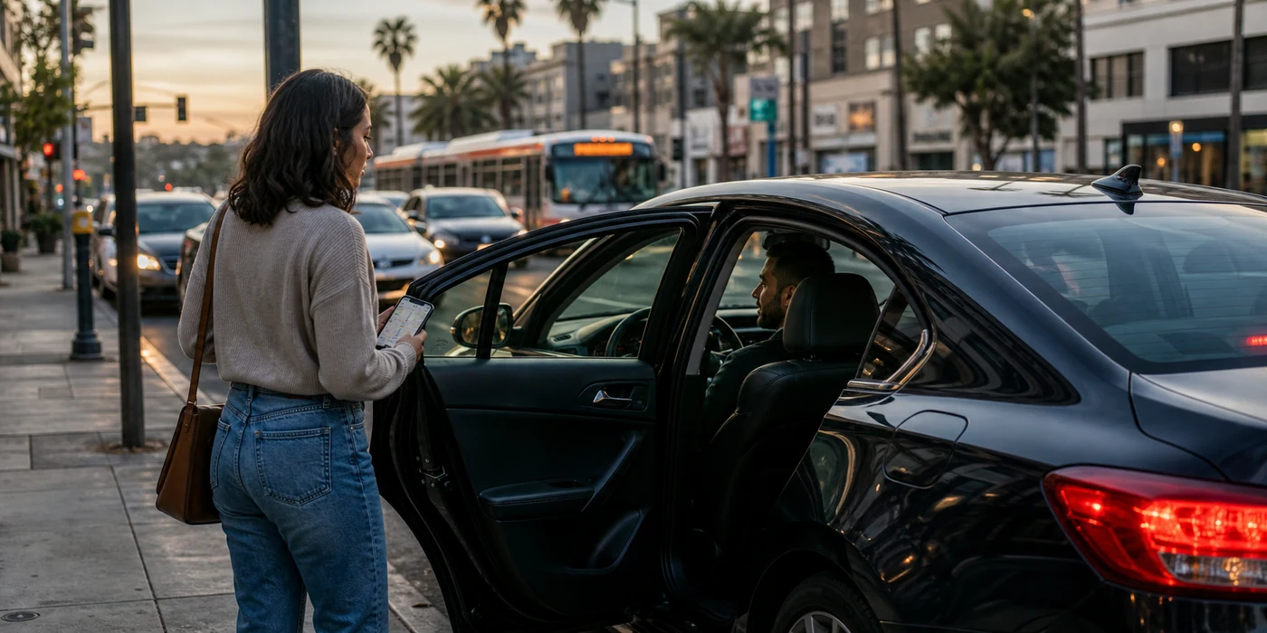 Passenger meeting a rideshare driver beside an open vehicle door