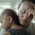 A depressed worried woman at home holding her baby. Parenting di