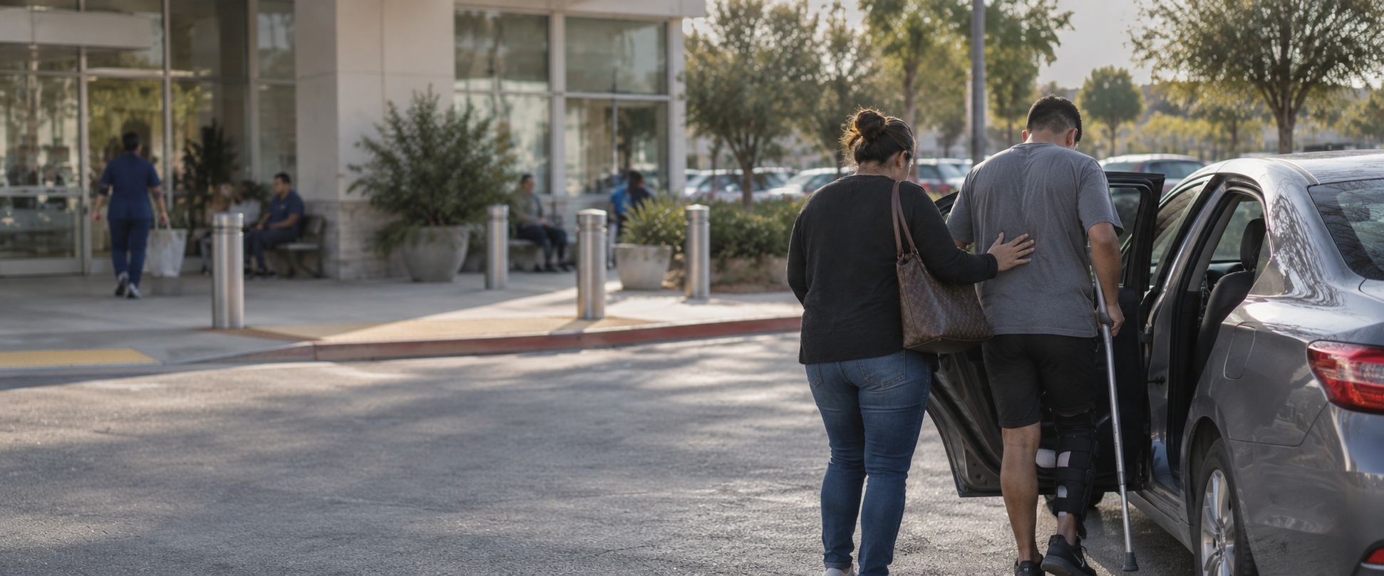 An injured person receiving assistance outside a medical facility
