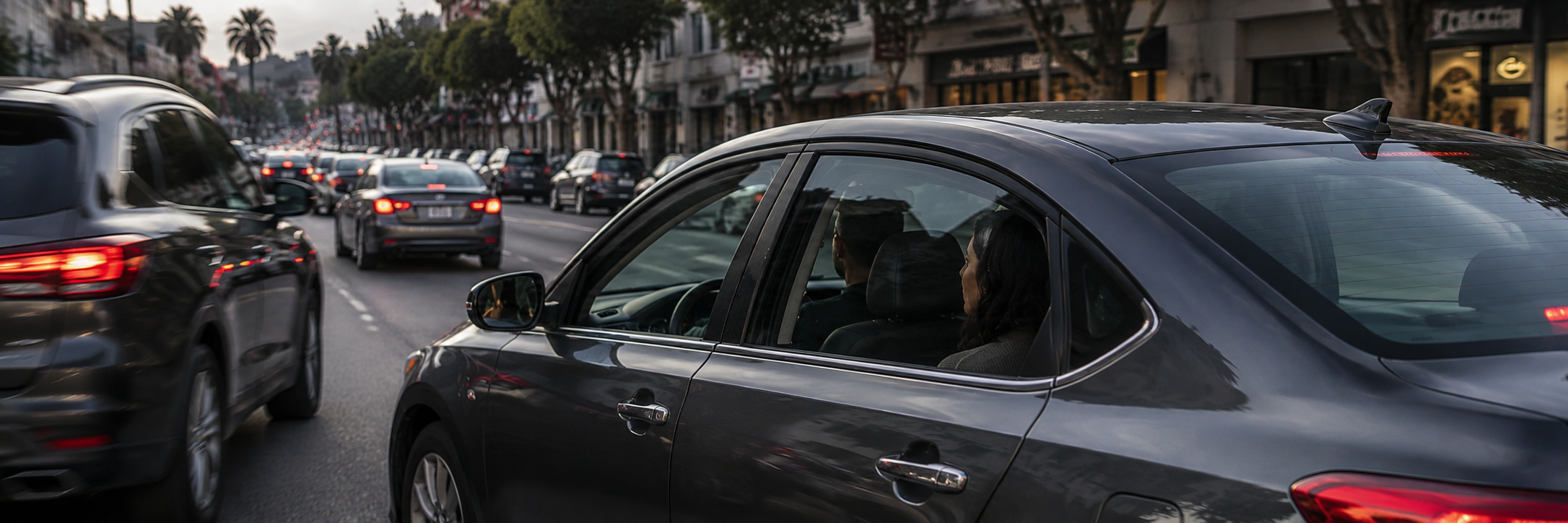 Rideshare vehicle in traffic in Southern California accident about to happen